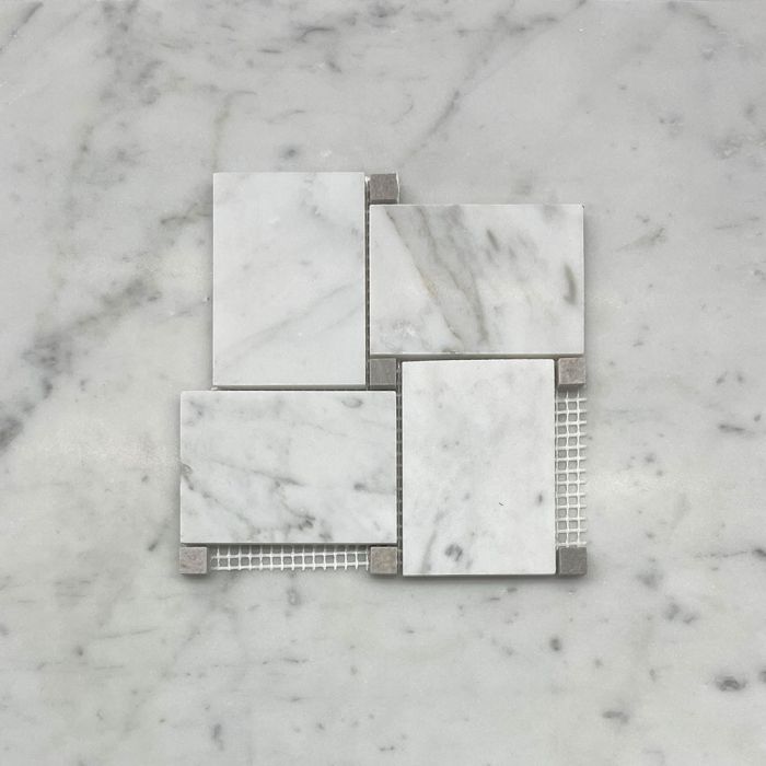 (Sample) Carrara White Marble Large Basketweave Mosaic Tile w/ Cinderella Gray Tan Dots Honed
