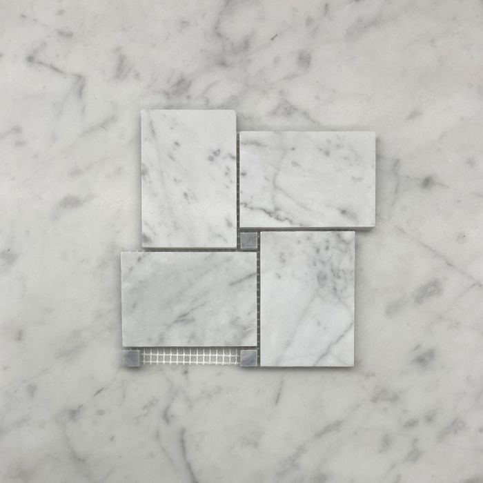 (Sample) Carrara White Marble Large Basketweave Mosaic Tile w/ Bardiglio Gray Dots Honed