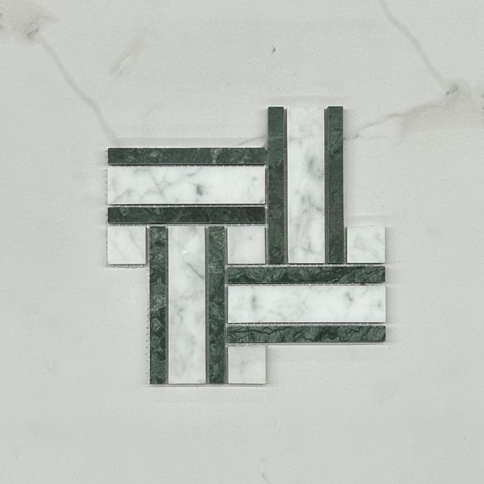 (Sample) Carrara White Marble 1 inch Twine Basketweave Mosaic Tile w/ Indian Green Honed