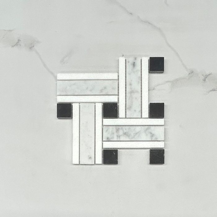 (Sample) Carrara White Marble 1 inch Twine Basketweave Mosaic Tile w/ Nero Marquina Black Thassos White Honed