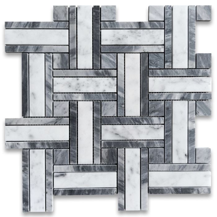 Carrara White Marble 1 inch Twine Basketweave Mosaic Tile w/ Bardiglio Gray Polished