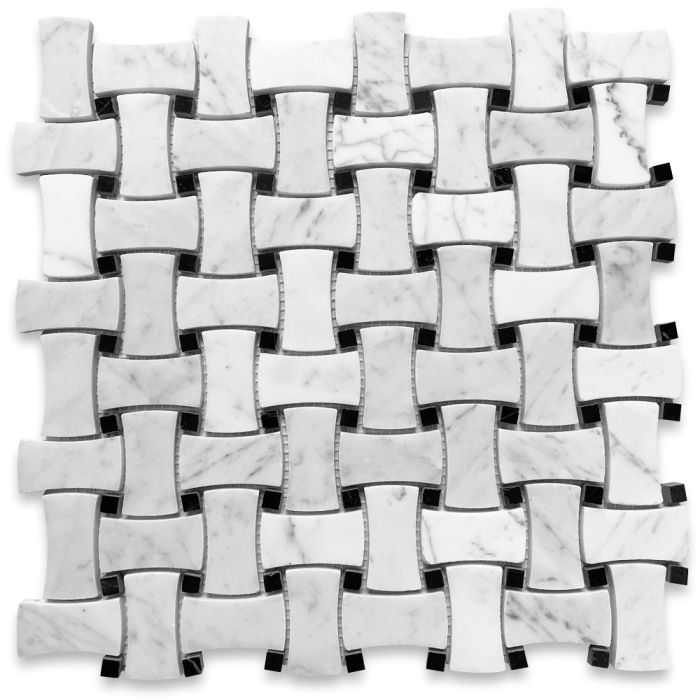Carrara White Marble 1x2 DogBone Wicker Weave Mosaic Tile w/ Nero Marquina Black Dots Polished