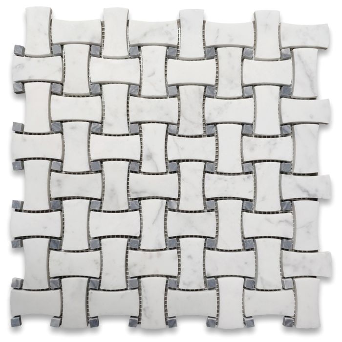 Carrara White Marble 1x2 DogBone Wicker Weave Mosaic Tile w/ Bardiglio Gray Dots Honed