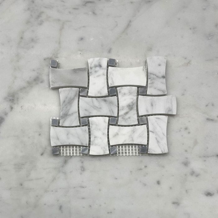 (Sample) Carrara White Marble 1x2 DogBone Wicker Weave Mosaic Tile w/ Bardiglio Gray Dots Honed