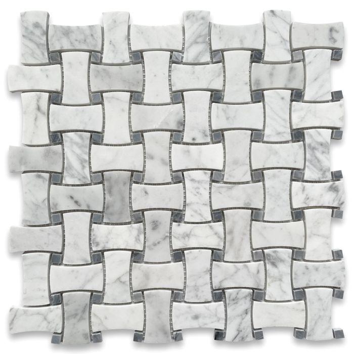 Carrara White Marble 1x2 DogBone Wicker Weave Mosaic Tile w/ Bardiglio Gray Dots Polished