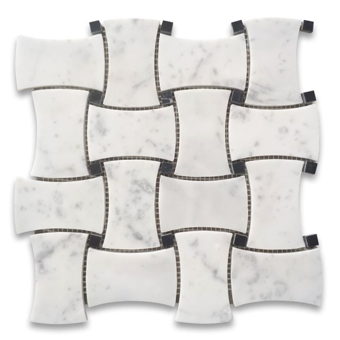 Carrara White Marble Wide Dogbone Wicker Weave Mosaic Tile w/ Nero Marquina Black Dots Honed