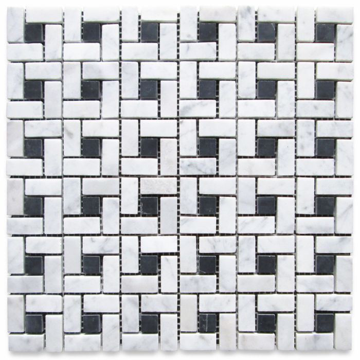 Carrara White Marble Pinwheel Windmill Spiral Target Mosaic Tile w/ Nero Marquina Black Dots Honed