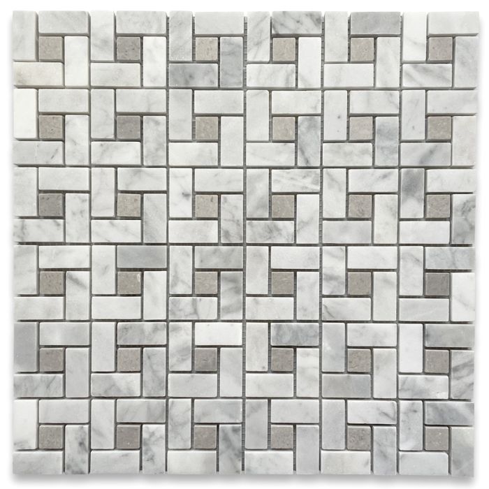 Carrara White Marble Pinwheel Windmill Spiral Target Mosaic Tile w/ Cinderella Gray Tan Dots Honed