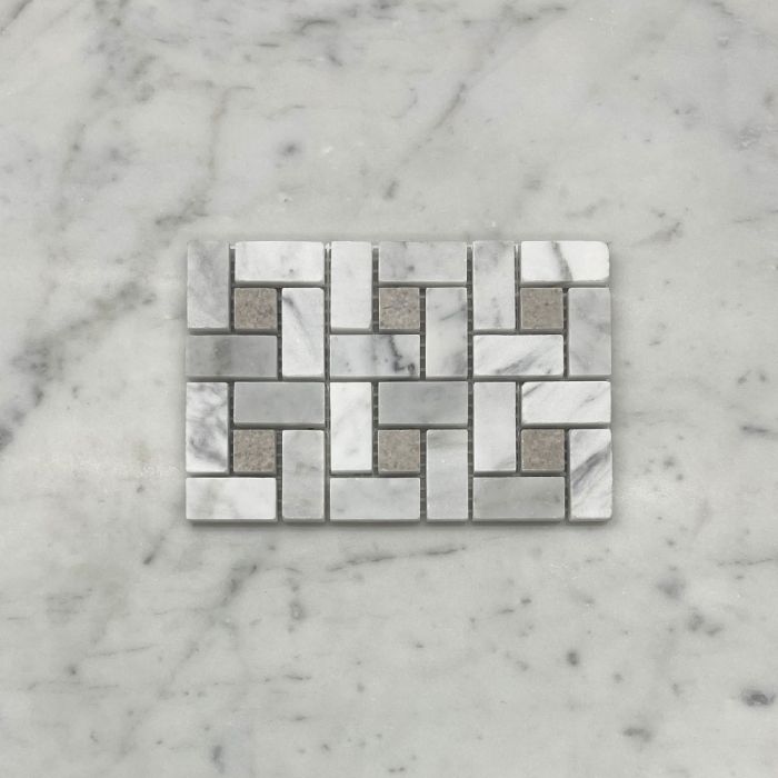(Sample) Carrara White Marble Pinwheel Windmill Spiral Target Mosaic Tile w/ Cinderella Gray Tan Dots Honed