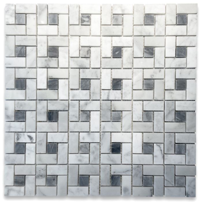 Carrara White Marble Pinwheel Windmill Spiral Target Mosaic Tile w/ Bardiglio Gray Dots Honed