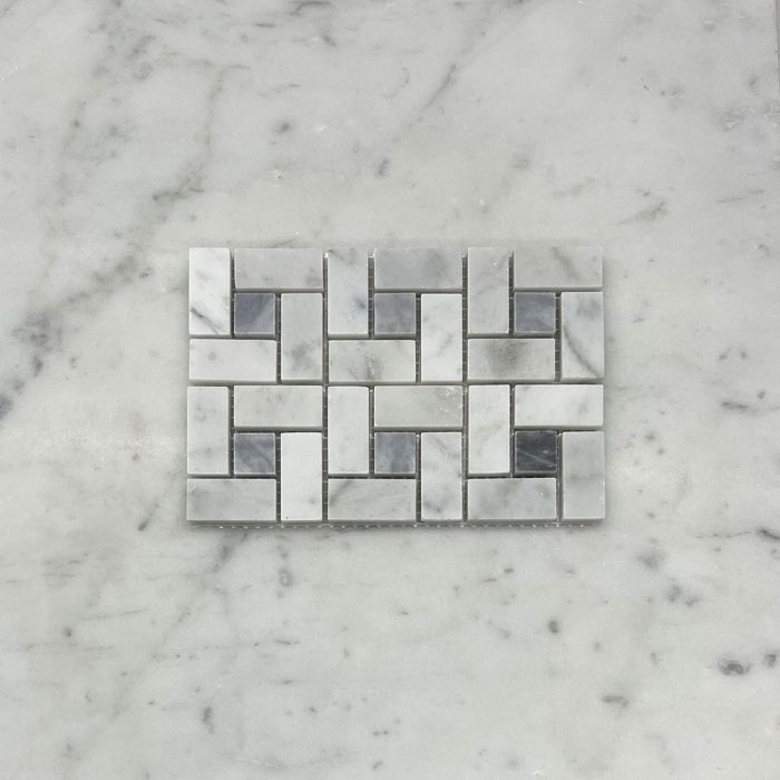 (Sample) Carrara White Marble Pinwheel Windmill Spiral Target Mosaic Tile w/ Bardiglio Gray Dots Honed