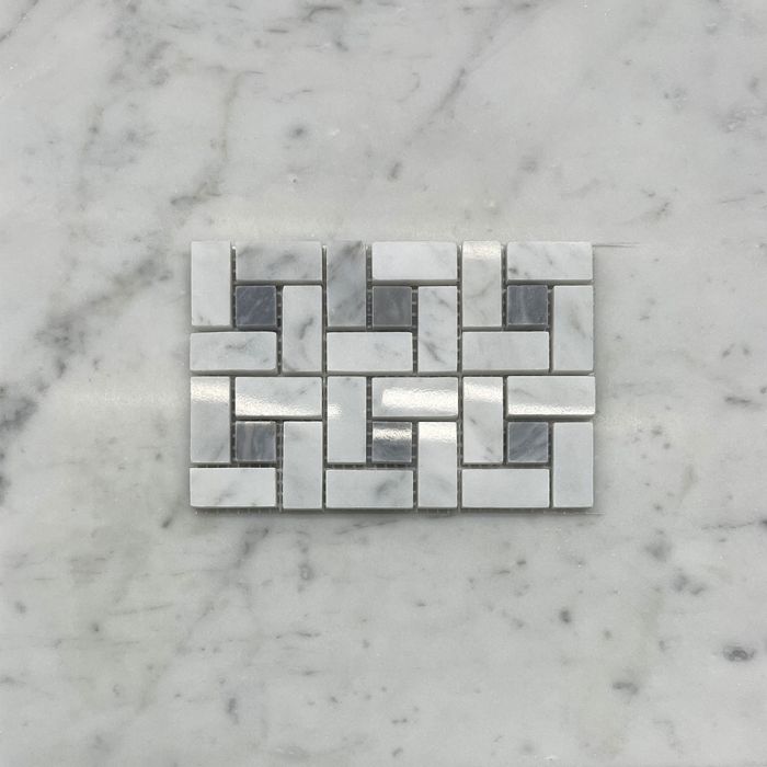 (Sample) Carrara White Marble Pinwheel Windmill Spiral Target Mosaic Tile w/ Bardiglio Gray Dots Polished