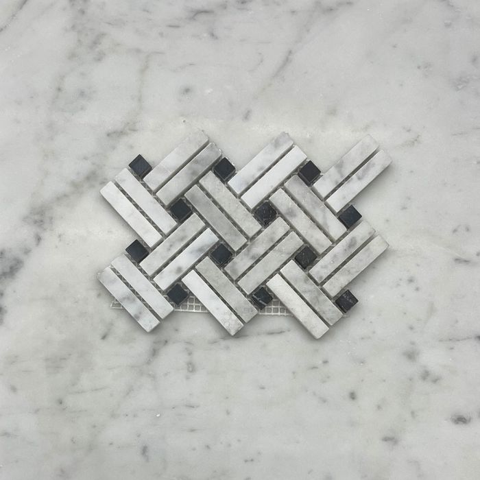 (Sample) Carrara White Marble Diagonal Basket Weave Stanza Black Dots Mosaic Tile Honed