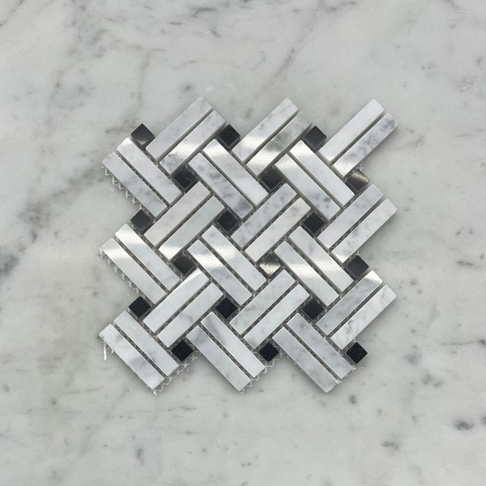 (Sample) Carrara White Marble Diagonal Basket Weave Stanza Black Dots Mosaic Tile Polished