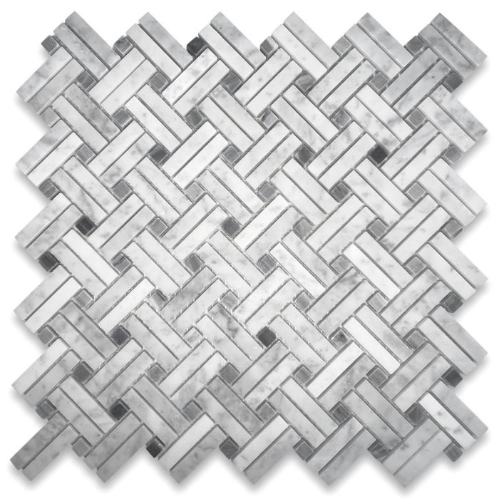 Carrara White Marble Diagonal Basket Weave Stanza Dark Gray Dots Mosaic Tile Honed
