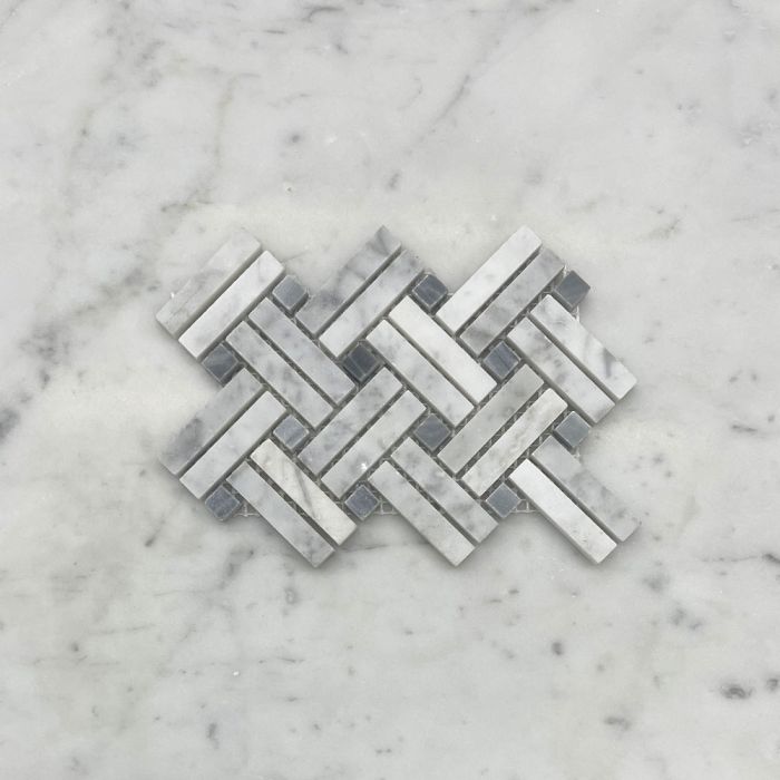 (Sample) Carrara White Marble Diagonal Basket Weave Stanza Dark Gray Dots Mosaic Tile Honed
