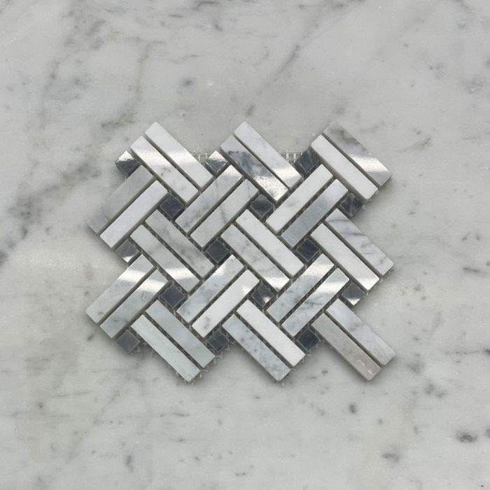 (Sample) Carrara White Marble Diagonal Basket Weave Stanza Dark Gray Dots Mosaic Tile Polished