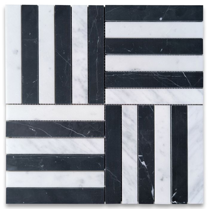 Carrara White and Nero Marquina Black Marble Spectrum Geometric Metro Skyline Mosaic Tile Honed