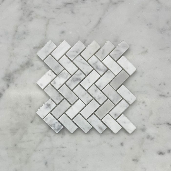 (Sample) Carrara White Marble 5/8x1-1/4 Herringbone Mosaic Tile Honed