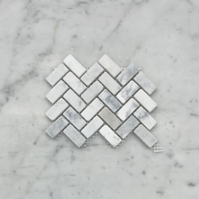 (Sample) Carrara White Marble 5/8x1-1/4 Herringbone Mosaic Tile Tumbled