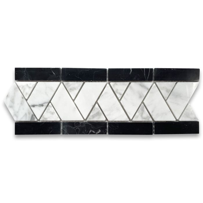 Carrara White Marble Herringbone Mosaic Border Listello Tile Black Edge Polished