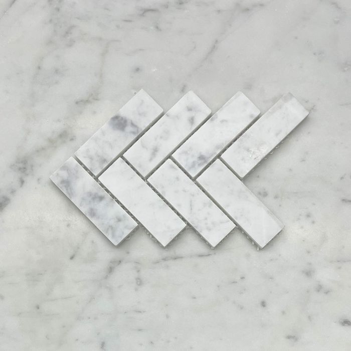 (Sample) Carrara White Marble 1x3 Herringbone Mosaic Tile Honed