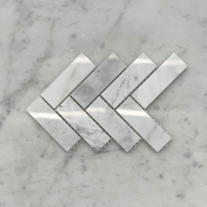 (Sample) Carrara White Marble 1x3 Herringbone Mosaic Tile Polished