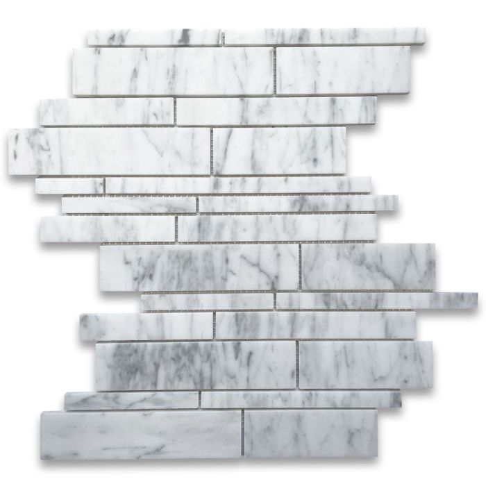Carrara White Marble Random Strip Modern Brick Mosaic Tile Honed