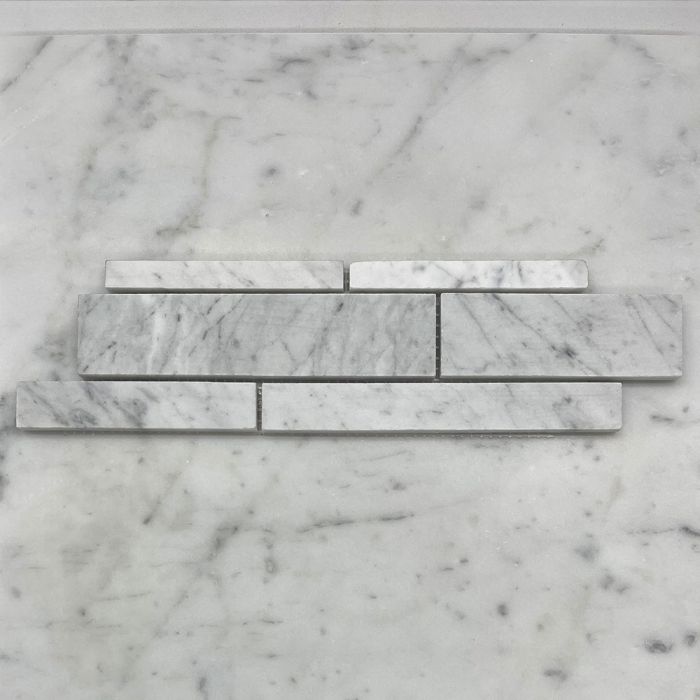 (Sample) Carrara White Marble Random Strip Modern Brick Mosaic Tile Honed