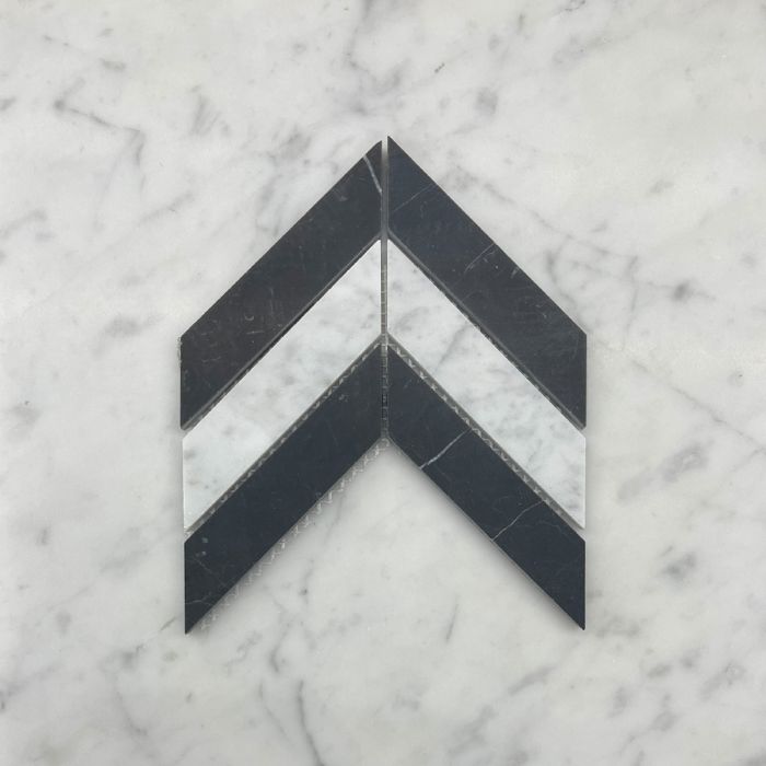 (Sample) Carrara White Nero Marquina Black Marble 1x4 Chevron Mosaic Tile Honed