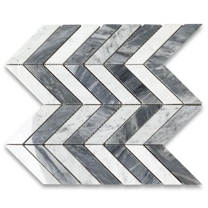 Carrara White Bardiglio Gray Marble 1x4 Chevron Mosaic Tile Polished