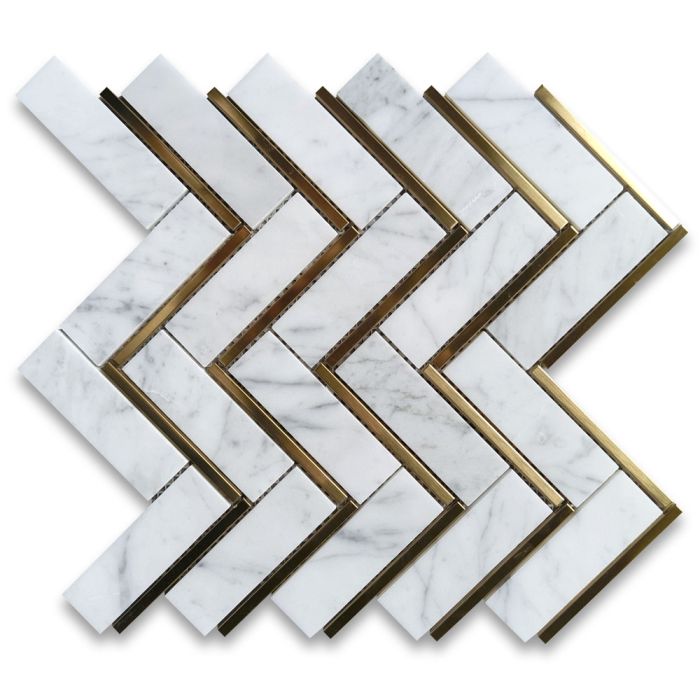 Carrara White Marble 1x4 Herringbone Mosaic Tile w/ Brass Strips Polished