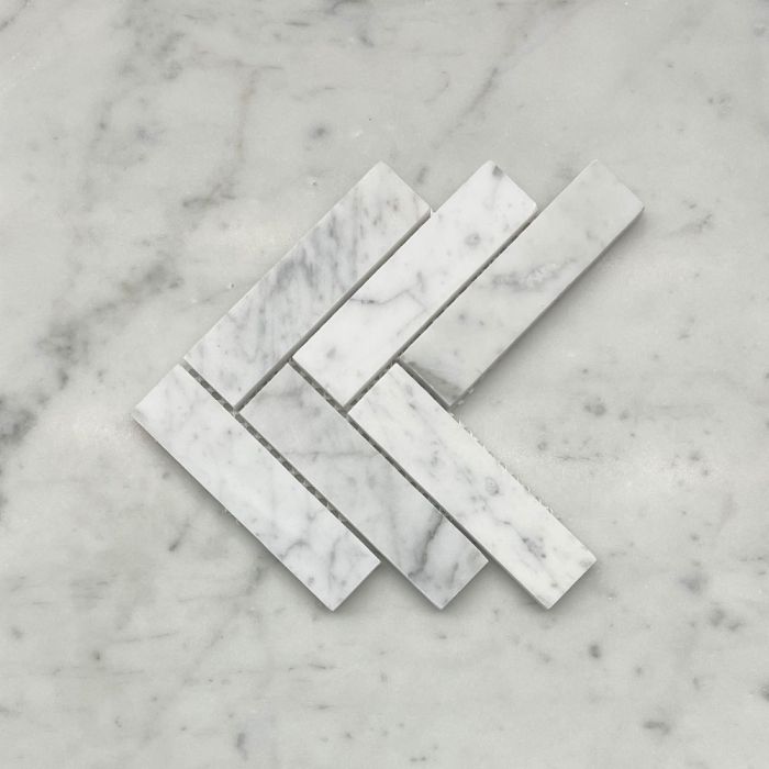 (Sample) Carrara White Marble 1x4 Herringbone Mosaic Tile Honed