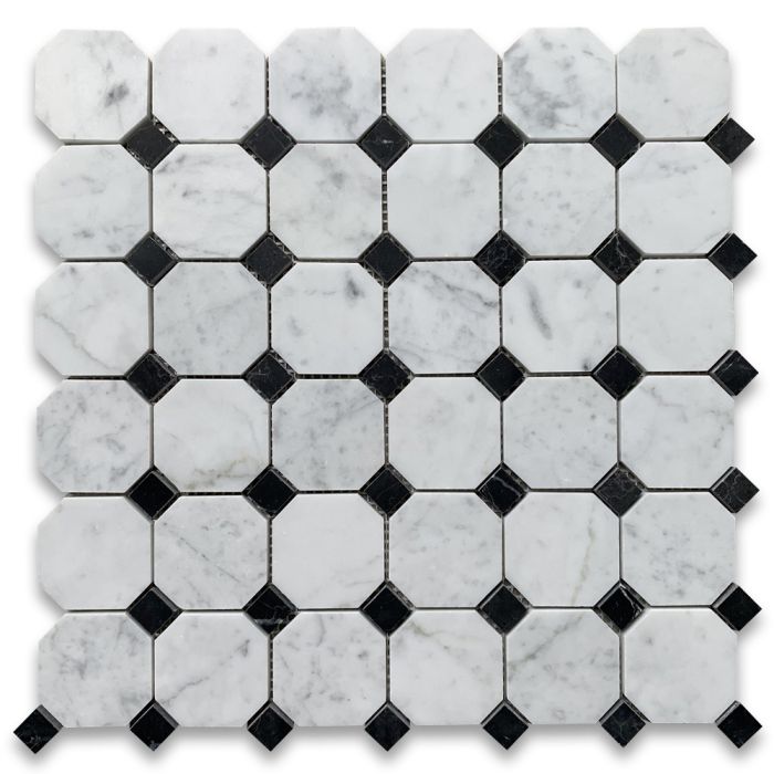 Carrara White Marble 2 inch Octagon Mosaic Tile w/ Nero Marquina Black Dots Honed