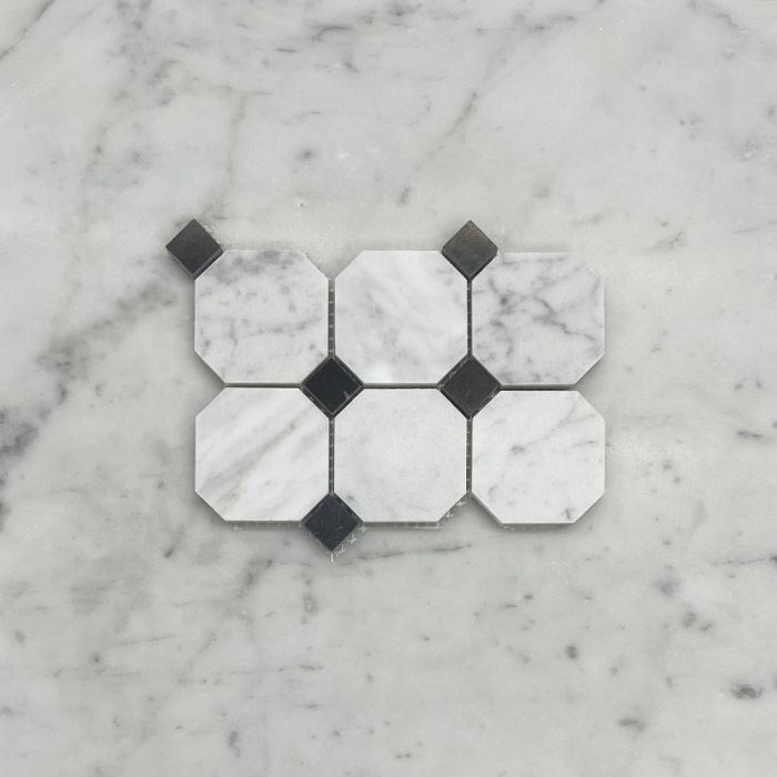 (Sample) Carrara White Marble 2 inch Octagon Mosaic Tile w/ Nero Marquina Black Dots Honed