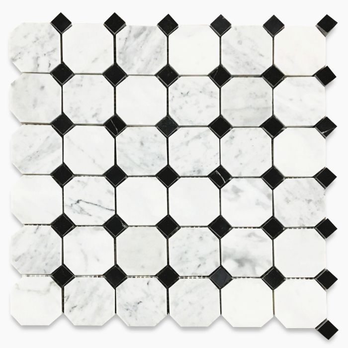 Carrara White Marble 2 inch Octagon Mosaic Tile w/ Nero Marquina Black Dots Polished