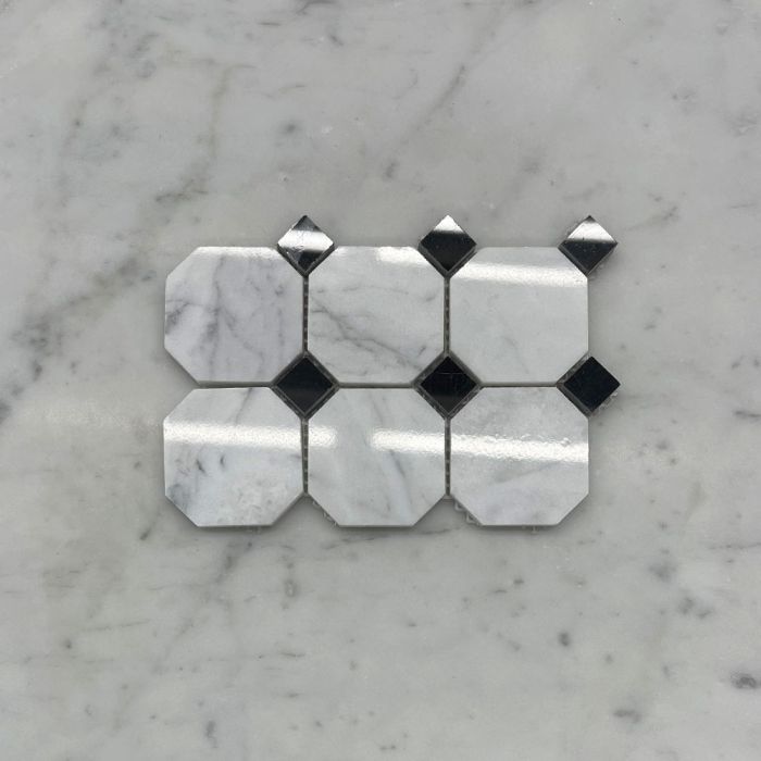 (Sample) Carrara White Marble 2 inch Octagon Mosaic Tile w/ Nero Marquina Black Dots Polished
