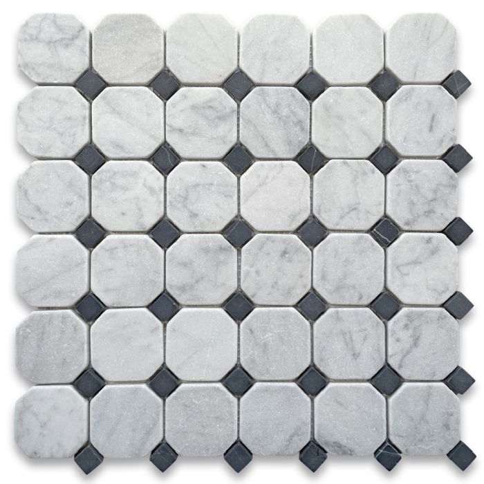 Carrara White Marble 2 inch Octagon Mosaic Tile w/ Nero Marquina Black Dots Tumbled