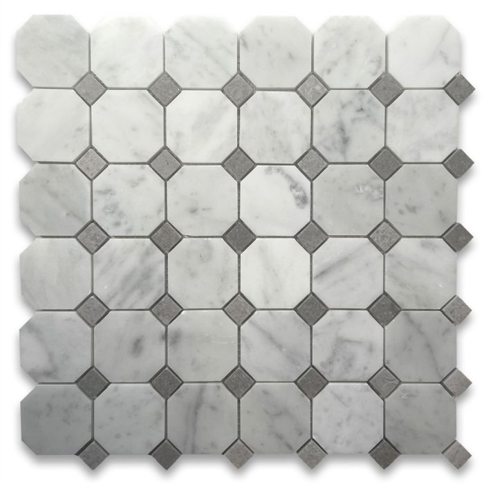 Carrara White Marble 2 inch Octagon Mosaic Tile w/ Cinderella Gray Tan Dots Honed