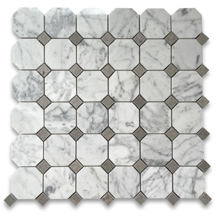 Carrara White Marble 2 inch Octagon Mosaic Tile w/ Cinderella Gray Tan Dots Polished