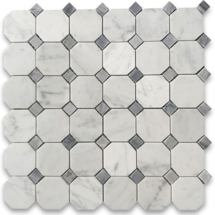 Carrara White Marble 2 inch Octagon Mosaic Tile w/ Bardiglio Gray Dots Honed