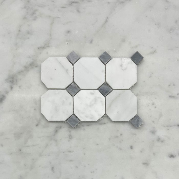 (Sample) Carrara White Marble 2 inch Octagon Mosaic Tile w/ Bardiglio Gray Dots Honed