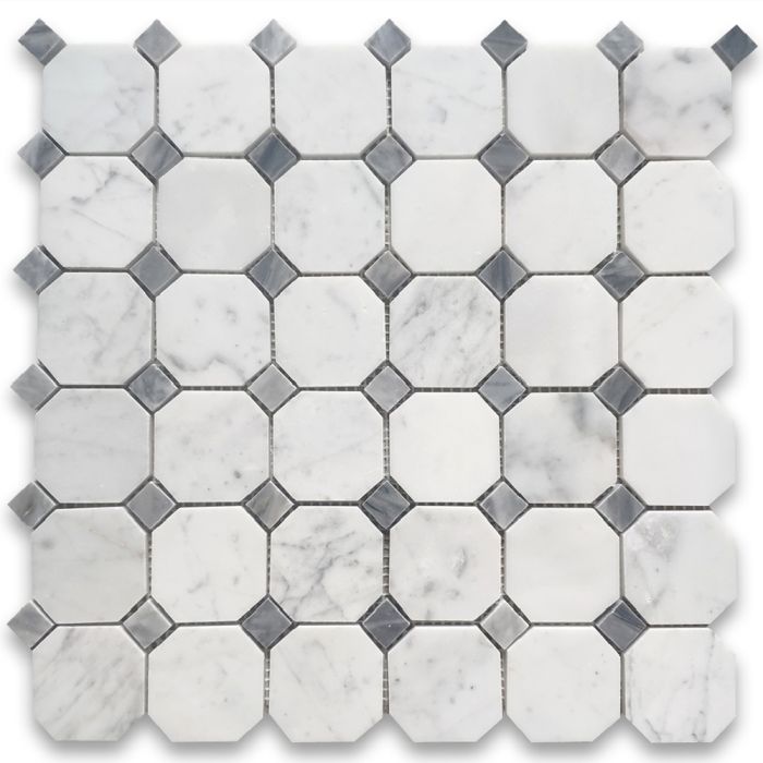 Carrara White Marble 2 inch Octagon Mosaic Tile w/ Bardiglio Gray Dots Polished