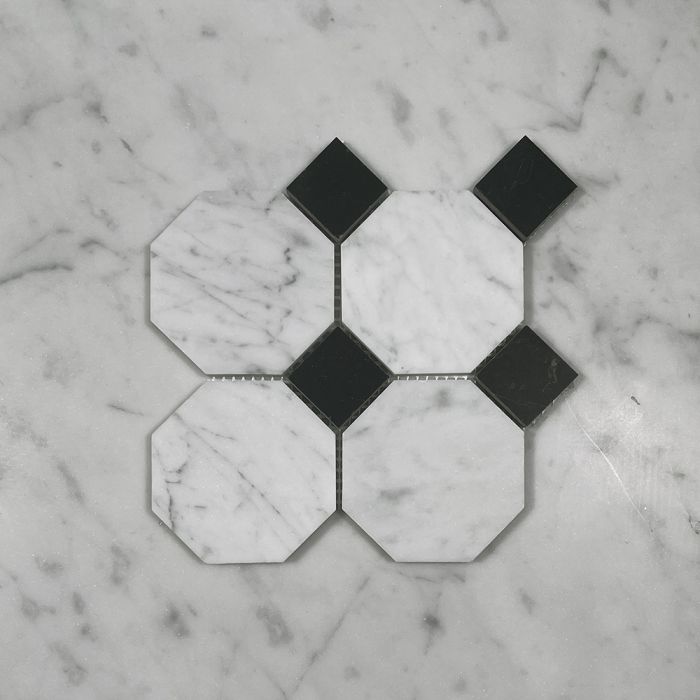 (Sample) Carrara White Marble 3 inch Octagon Mosaic Tile w/ Nero Marquina Black Dots Honed