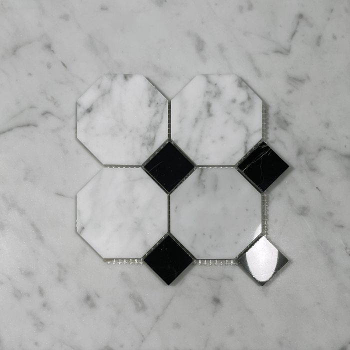(Sample) Carrara White Marble 3 inch Octagon Mosaic Tile w/ Nero Marquina Black Dots Polished
