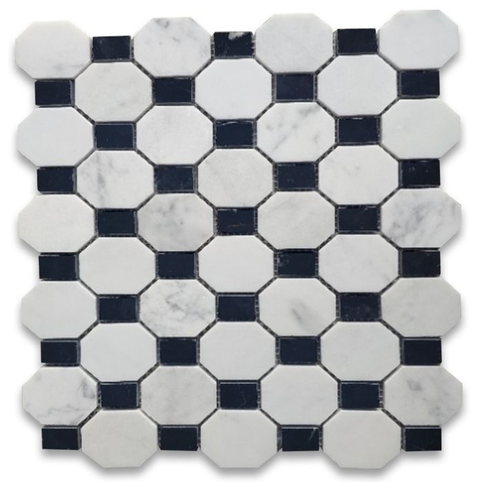Carrara White Marble 2 inch Regency Stella Long Octagon Mosaic Tile w/ Nero Marquina Black Dots Honed