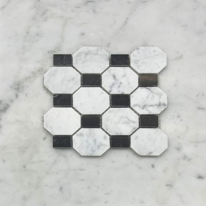 (Sample) Carrara White Marble 2 inch Regency Stella Long Octagon Mosaic Tile w/ Nero Marquina Black Dots Honed