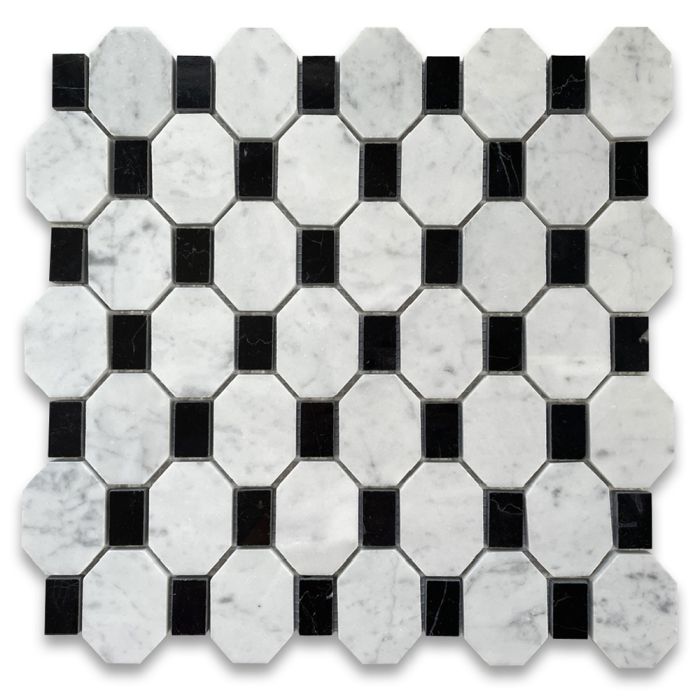 Carrara White Marble 2 inch Regency Stella Long Octagon Mosaic Tile w/ Nero Marquina Black Dots Polished