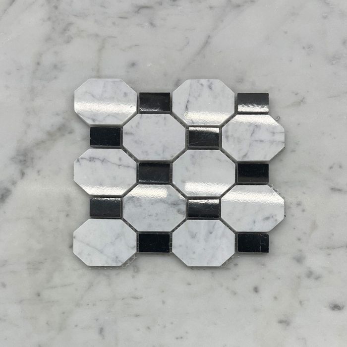 (Sample) Carrara White Marble 2 inch Regency Stella Long Octagon Mosaic Tile w/ Nero Marquina Black Dots Polished