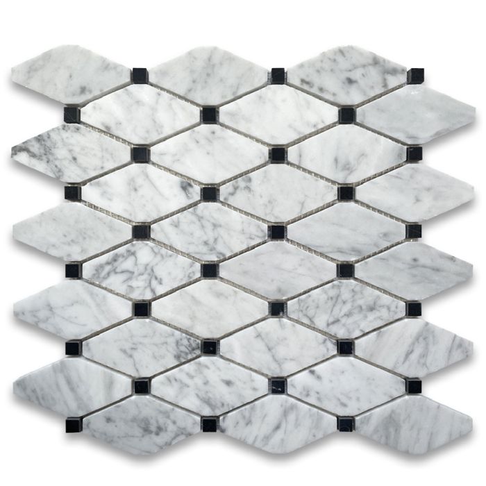 Carrara White Marble Lozenge Long Octave Rhomboid Chipped Diamond Mosaic Tile w/ Nero Marquina Black Dots Honed